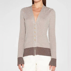 GIORGIO ARMANI Metallic Stripe Ribbed Snap-Front Cardigan rsp $1,895 medium 44